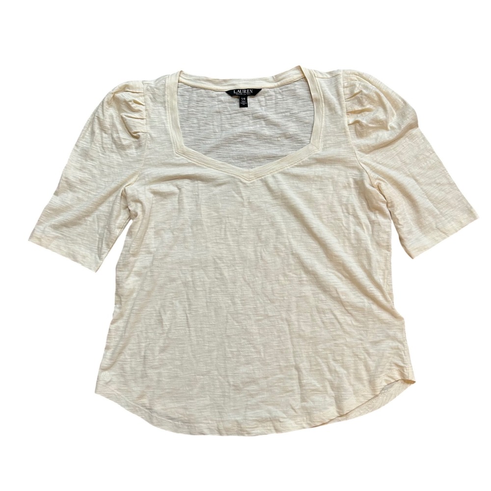 Lauren Ralph Lauren Top Women Large Cream Puff Sleeve Slub Knit Square Neck L